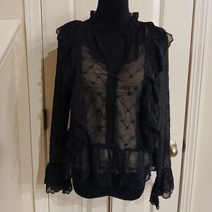 Y2K Black Sheer Bell Sleeve Ruffle Eyelet Chiffon ButtonUp Top Fairy Whimsy Goth